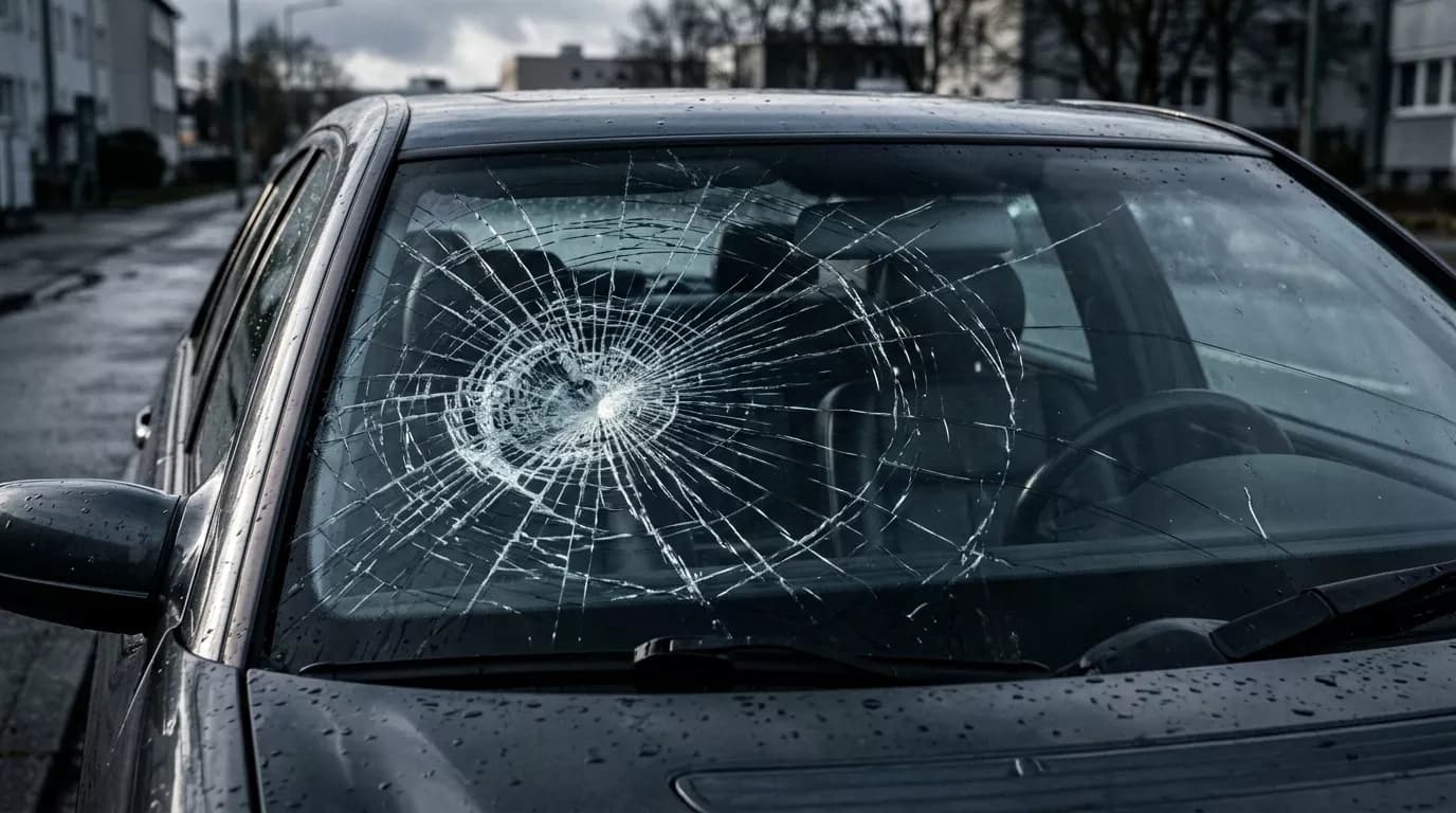 Vetrobransko staklo sa paukova mreža pukotinom koja se prostire po celoj površini, primer kada je zamena jedina opcija